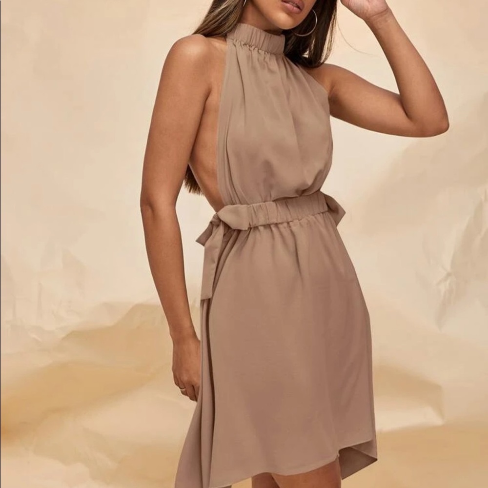 HOT! Blackless Bow Halter Cocktail Dress - Nude / Mocha